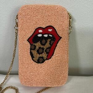 Trendy Leopard Print Lips Beaded Crossbody Bag